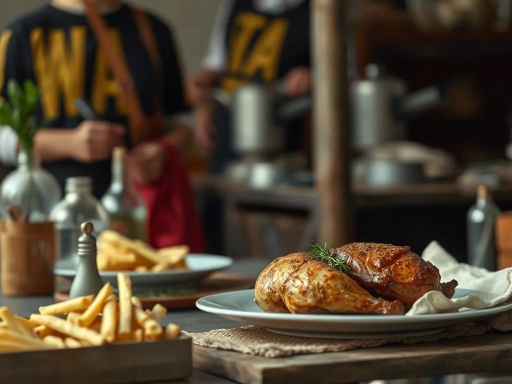 Plat de poulet rôti doré entouré de légumes rôtis, pommes de terre, et un bol de sauce, le tout posé sur une table de cuisine