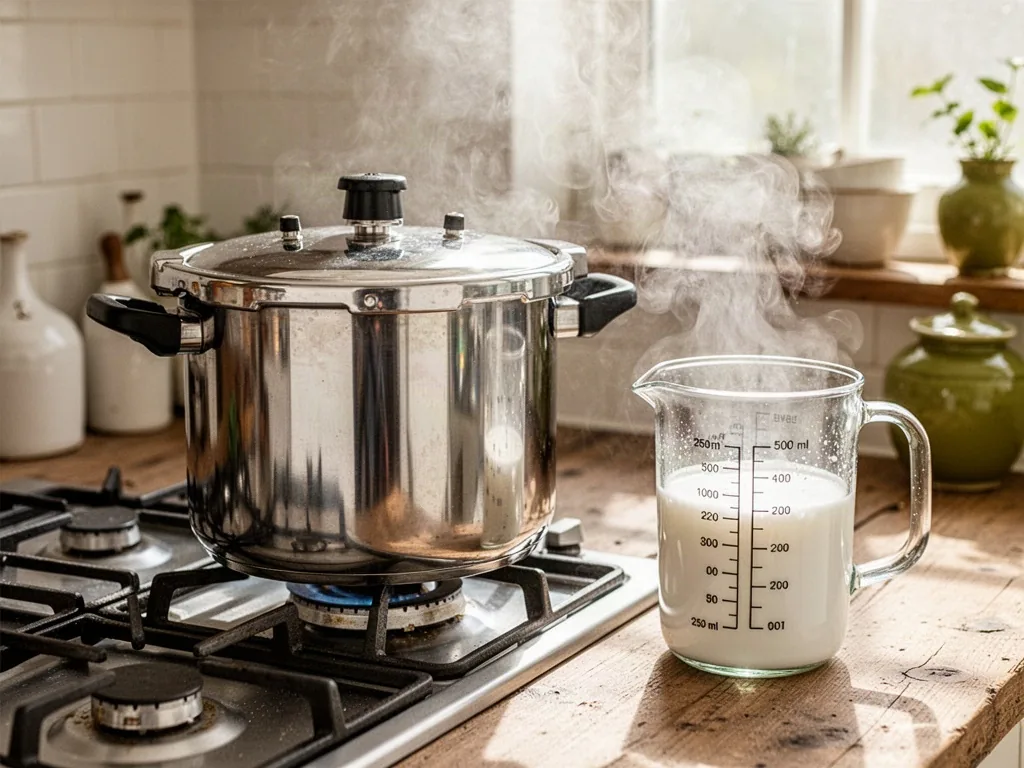 A stainless steel pressure cooker on a gas stove, a glass measuring jug filled to 500 ml beside it, a small 250 ml mark