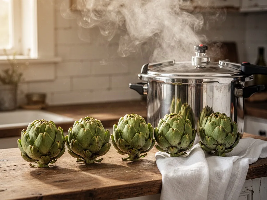 Six fresh artichokes arranged in a row beside a pressure cooker, its valve releasing a strong steam whistle, white linen