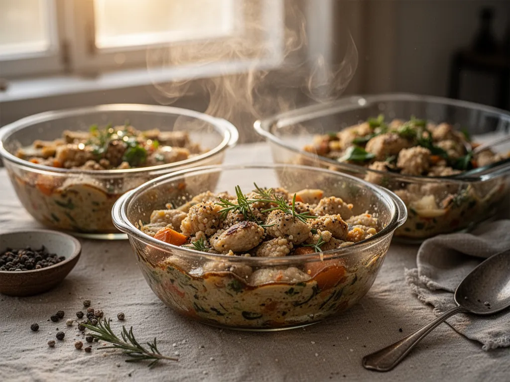 Plan de travail avec bocaux, poulet rôti, légumes rôtis et boîtes pour la semaine