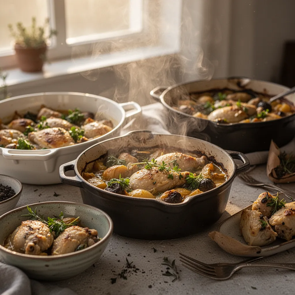 Grande table de cuisine avec plats préparés, bocaux et légumes frais