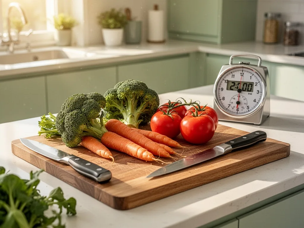 A wooden cutting board with fresh broccoli, carrots, and tomatoes, a chef’s knife beside it, a kitchen timer showing 2:0