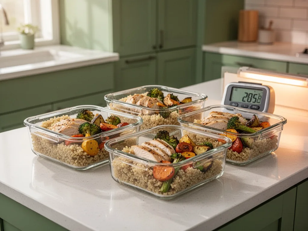 Four glass meal-prep containers on a counter, each filled with cooked quinoa, chicken, and roasted vegetables, a digital