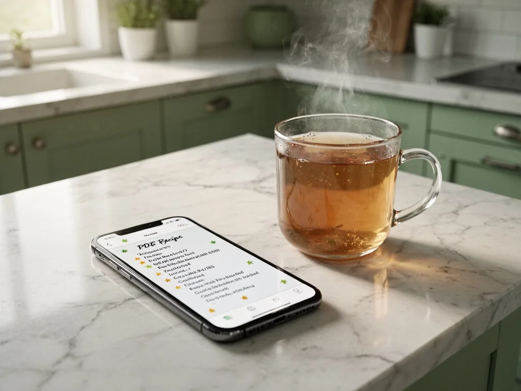 A smartphone on a marble countertop screen displaying a PDF recipe list with small star icons, a steaming mug of tea nex