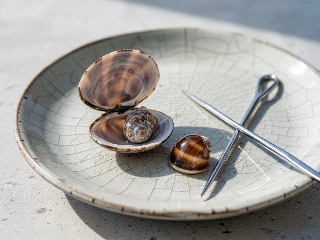 An open cooked periwinkle shell with its small glossy operculum resting separately on a cracked ceramic plate, a steel p