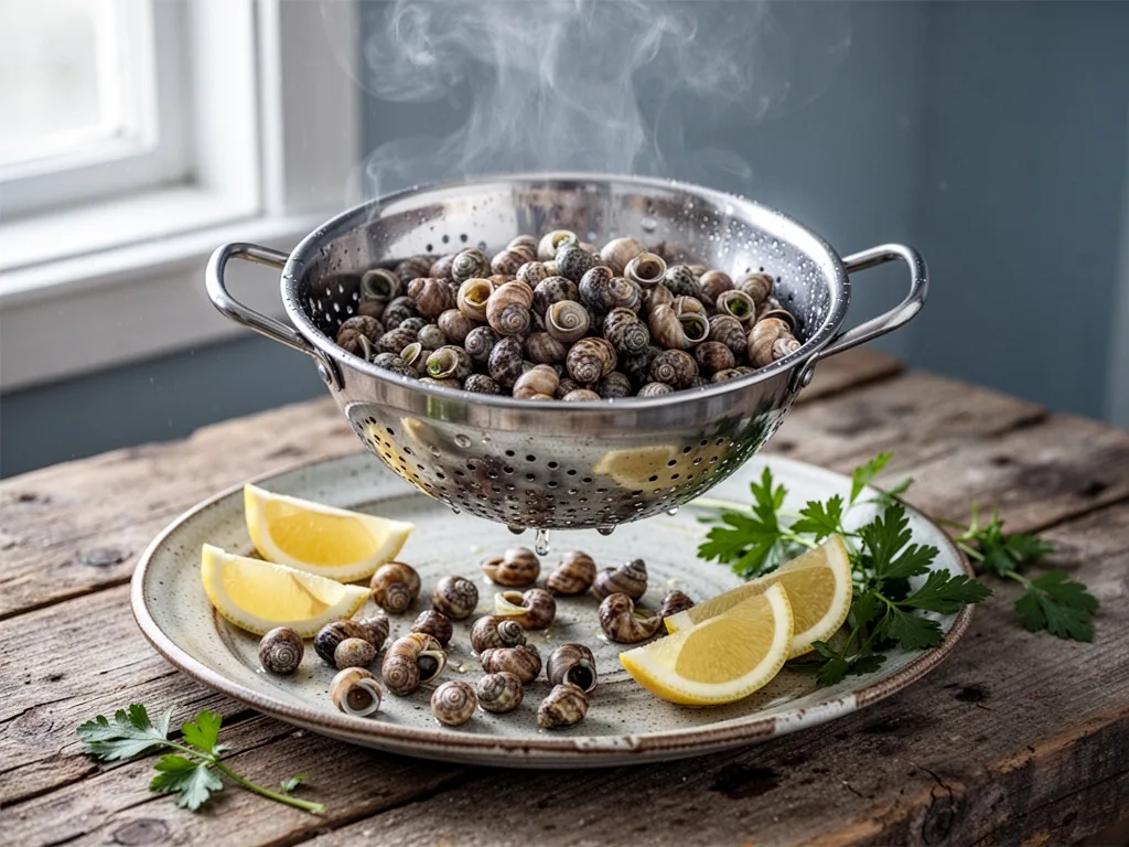 A stainless steel colander full of drained periwinkles held above a rustic platter, lemon wedges and parsley on worn woo