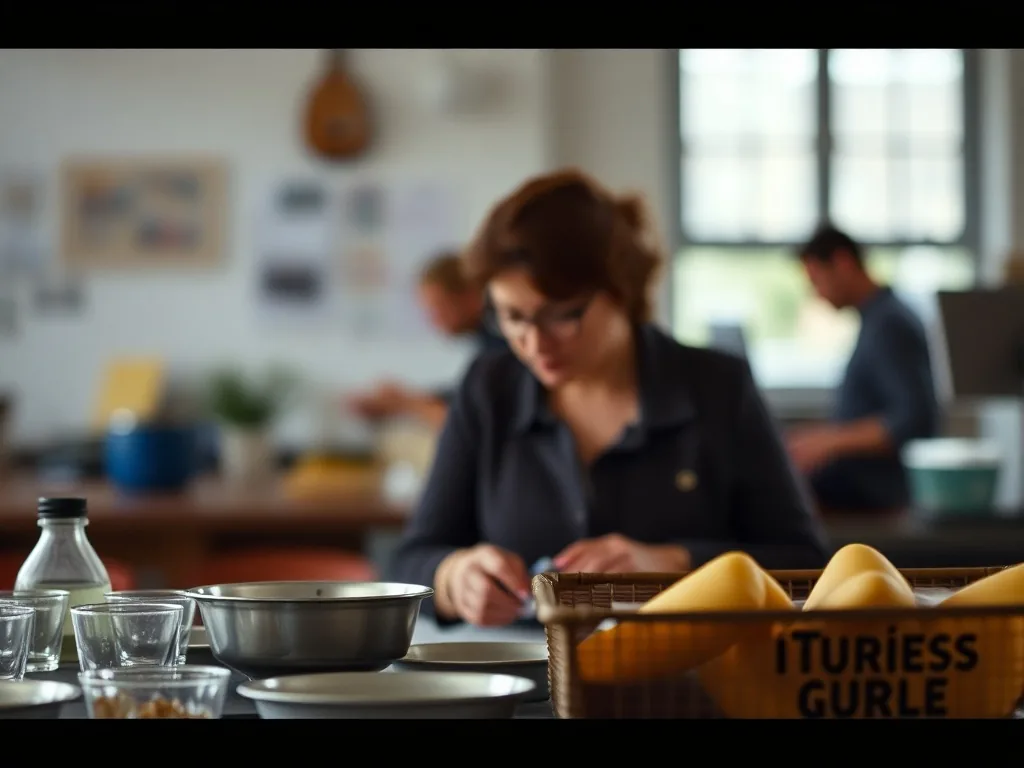 Boîte à recettes en bois ouverte avec des fiches cartonnées, un crayon et des épices en arrière-plan