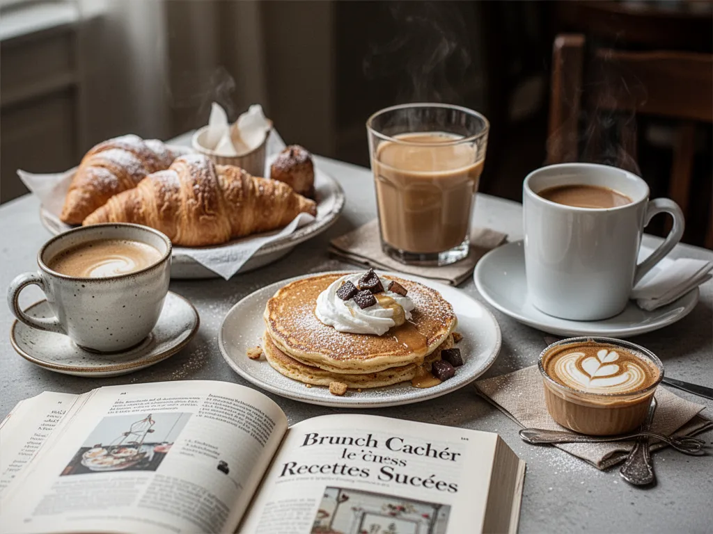 Table de brunch avec pancakes, tartines, œufs brouillés et fruits