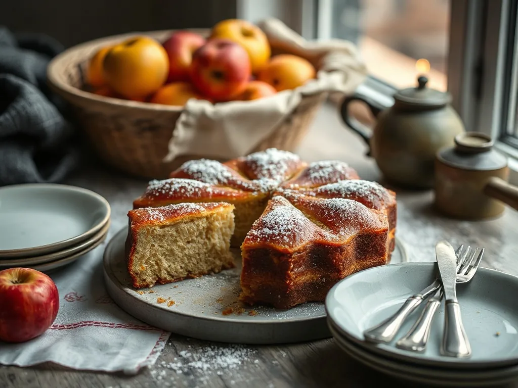 Tranche de cake aux pommes moelleux sur une assiette, avec des morceaux de pommes fondantes visibles et un thé à la menthe à