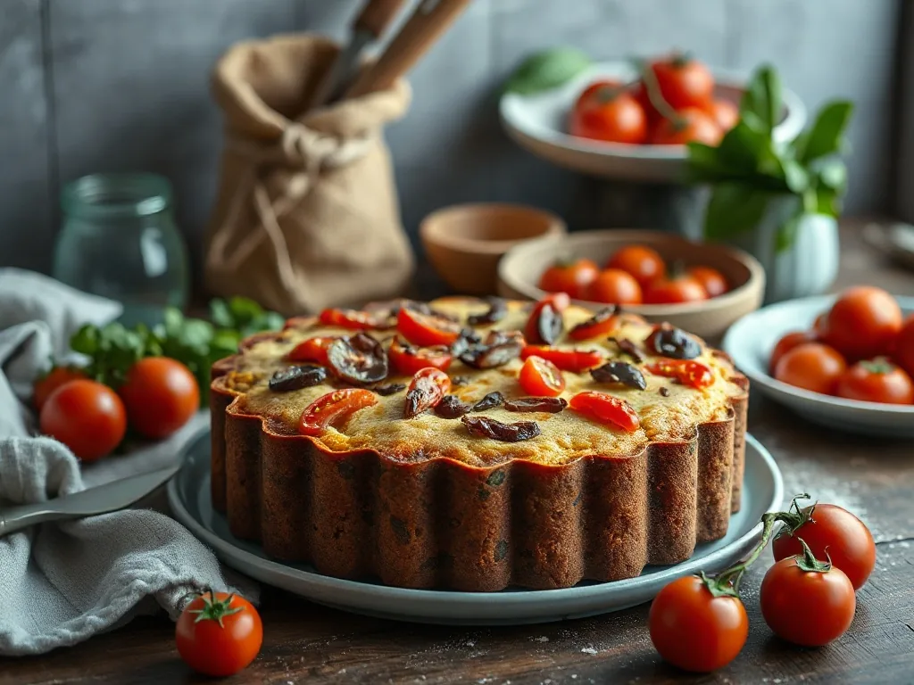 Tranche de cake salé aux lardons et tomates séchées, déposée sur une planche en bois, laissant voir une mie dorée et des