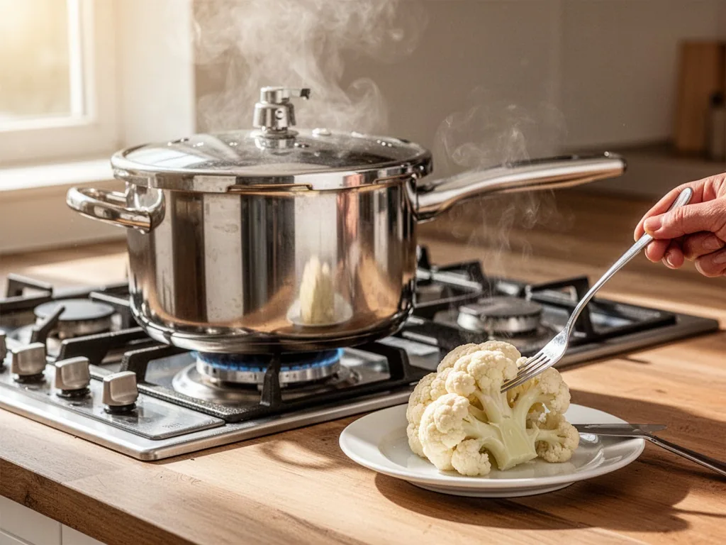 A stainless steel pressure cooker on a gas stove, gentle steam rising from the valve, a fork piercing a tender cauliflow
