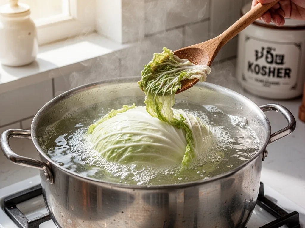 A whole white cabbage half-submerged in a bubbling pot of boiling salted water, a wooden spoon lifting a wilting leaf, s