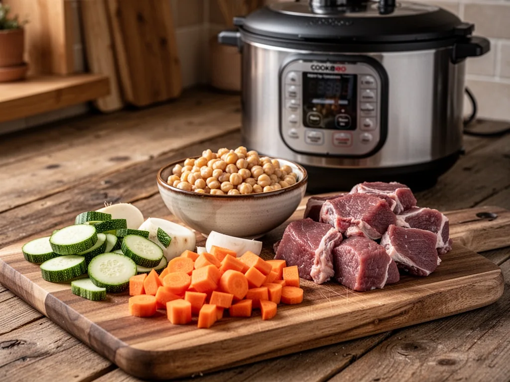 A wooden cutting board with chopped carrots, zucchini, turnips, chickpeas in a bowl, lamb chunks, and a Cookeo pressure 