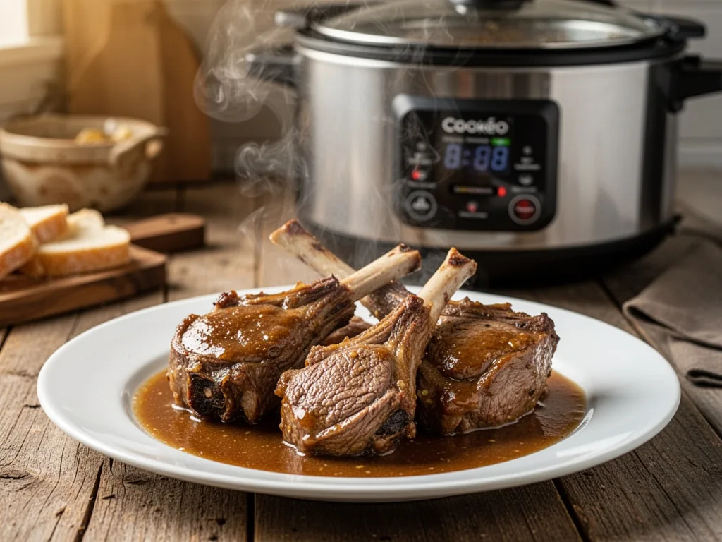 A close-up of lamb shoulder pieces on a white plate, steam rising from a Cookeo pot behind, rich brown gravy, tender mea