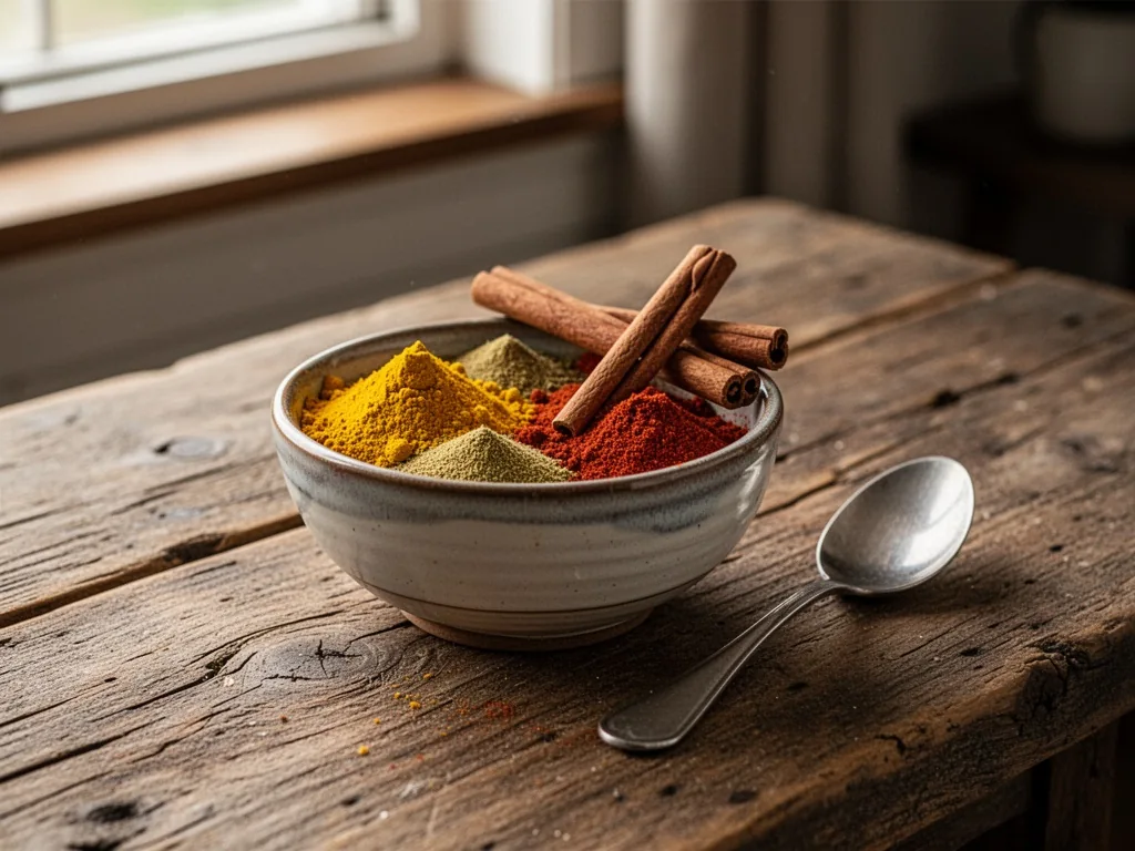 A small ceramic bowl with turmeric, cumin, paprika, and cinnamon sticks on a rustic wooden table, a spoon beside, soft s