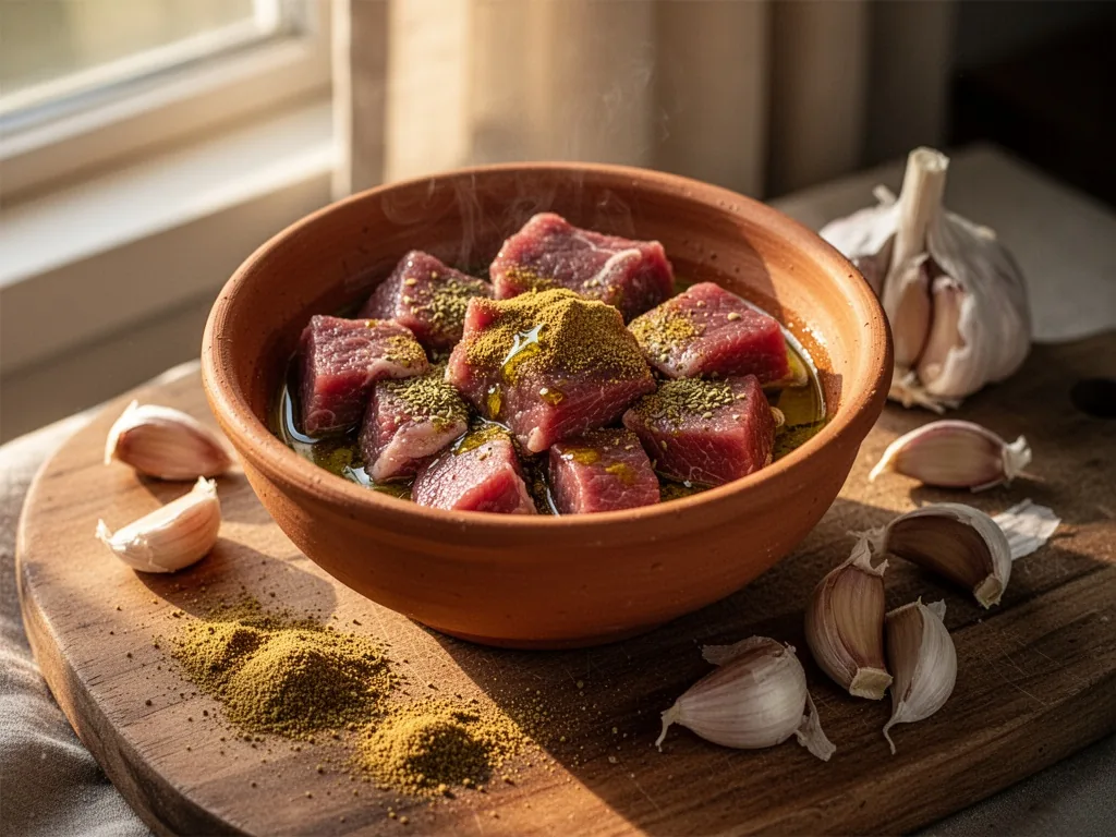 Raw lamb cubes marinating in a clay bowl with cumin, coriander, and olive oil, resting on a wooden board with scattered 