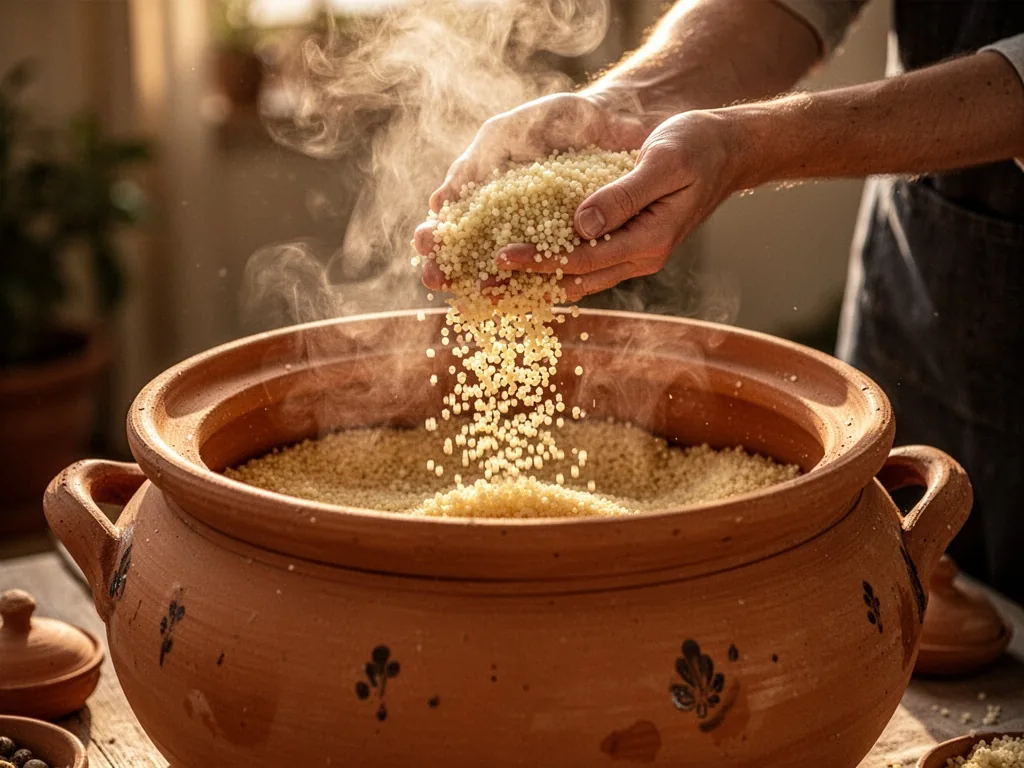 Steamed couscous grains falling through fingers into a large earthenware couscoussier, golden sunlight illuminating the 
