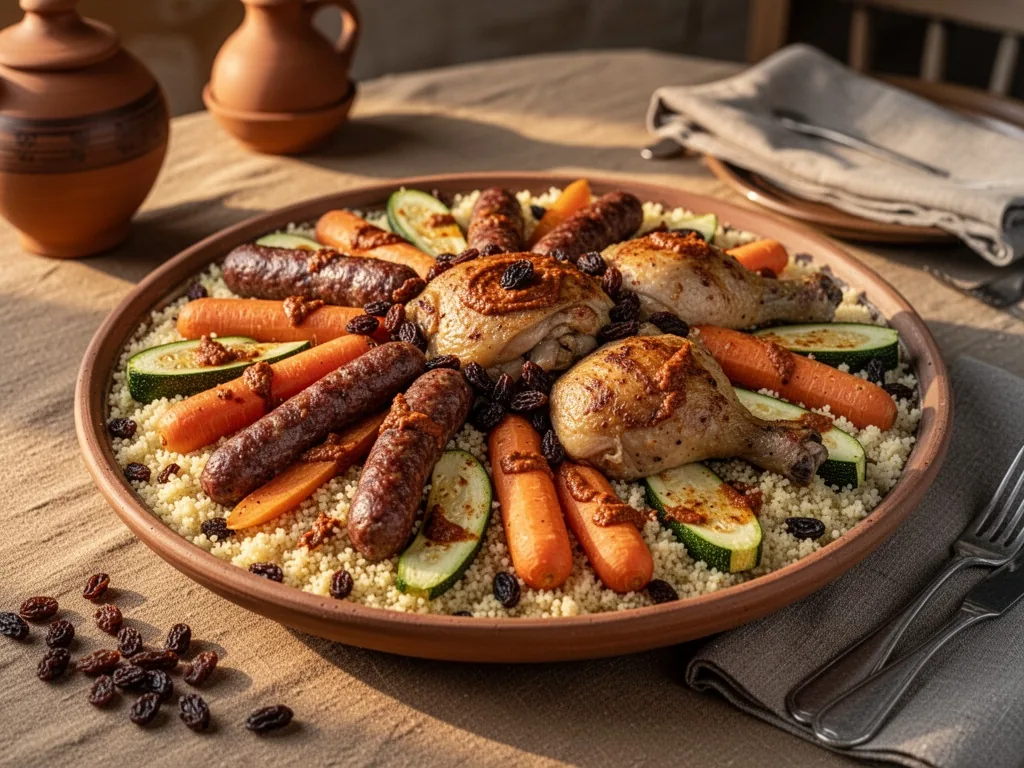 A large round platter of couscous topped with merguez sausages, chicken thigh, carrots, and zucchini, garnished with har