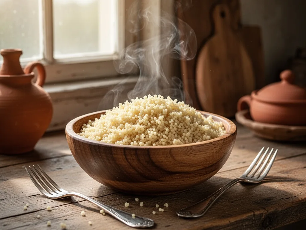 A wooden bowl of fluffy couscous grains, steam rising gently, a fork resting beside it, soft morning light filtering thr