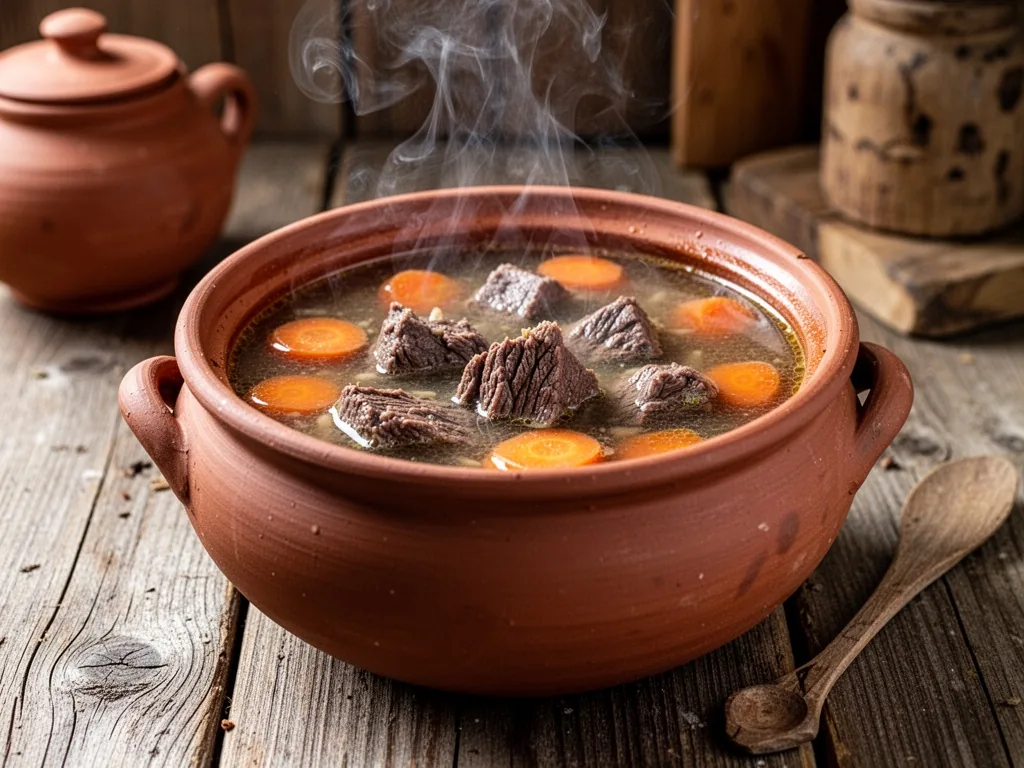 A deep clay pot filled with rich beef broth, tender meat chunks and carrots simmering, steam curling upward, rustic wood