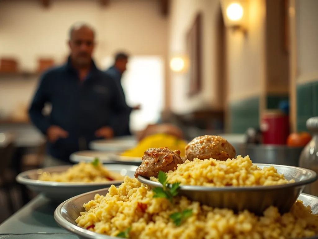 Plat de couscous avec semoule, brochettes de bœuf, cuisses de poulet, merguez, carottes, courgettes et pois chiches