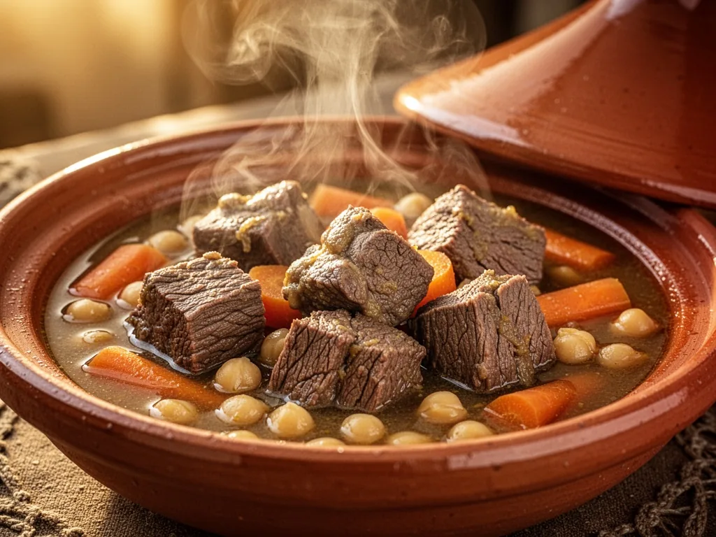 Intimate close-up of braised beef and lamb chunks in a clay tagine, rich broth with carrots and chickpeas, steam swirlin