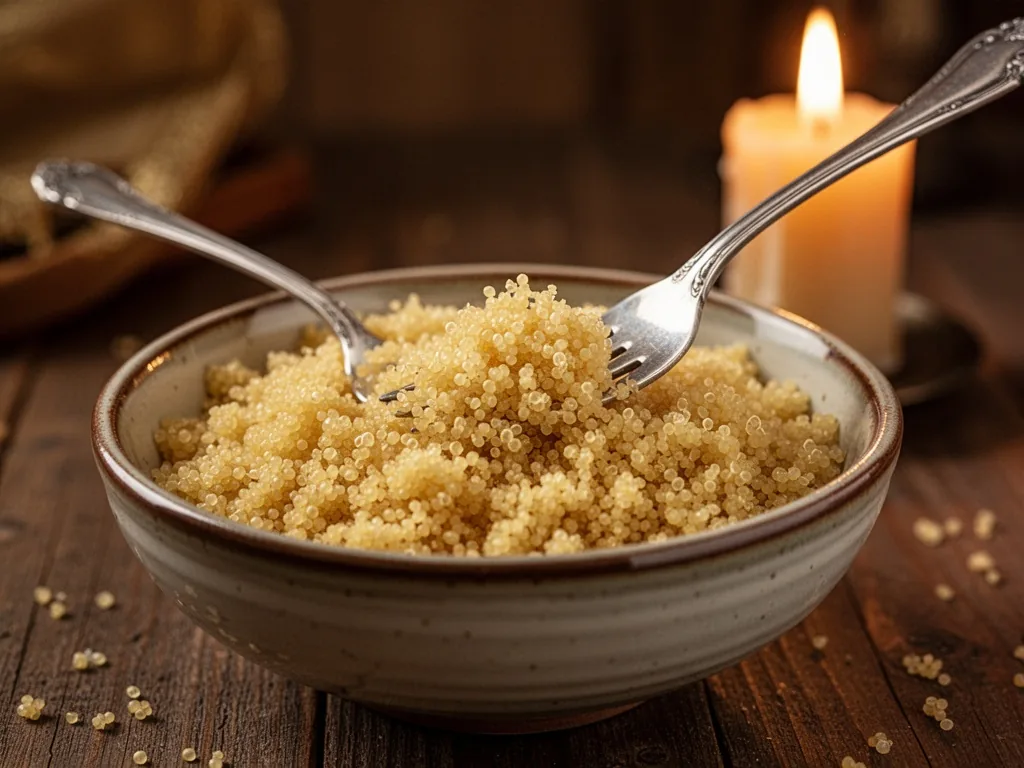 Fluffy golden couscous grains in a ceramic bowl, a silver fork poised to fluff, a Sabbath candle glowing in soft focus b