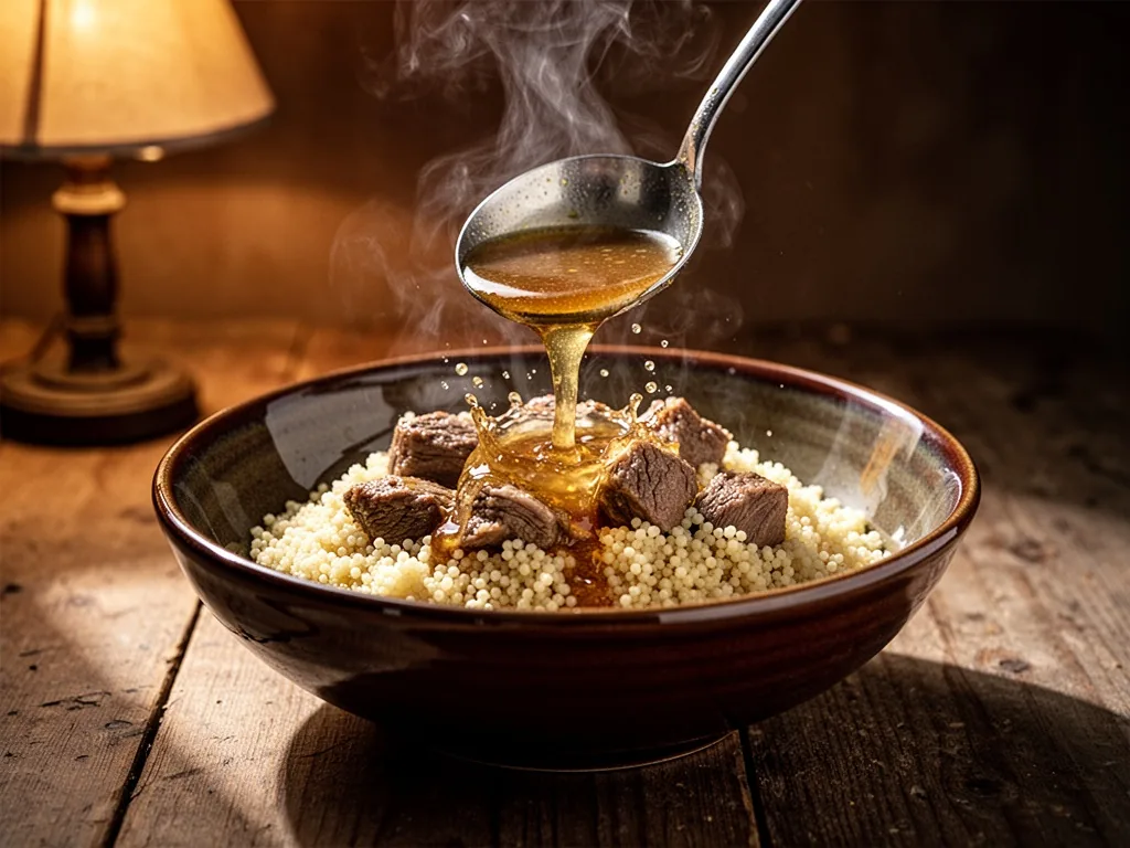 Ladle pouring rich amber broth over a mound of couscous and meat, splash of liquid, steam rising, deep ceramic bowl on w