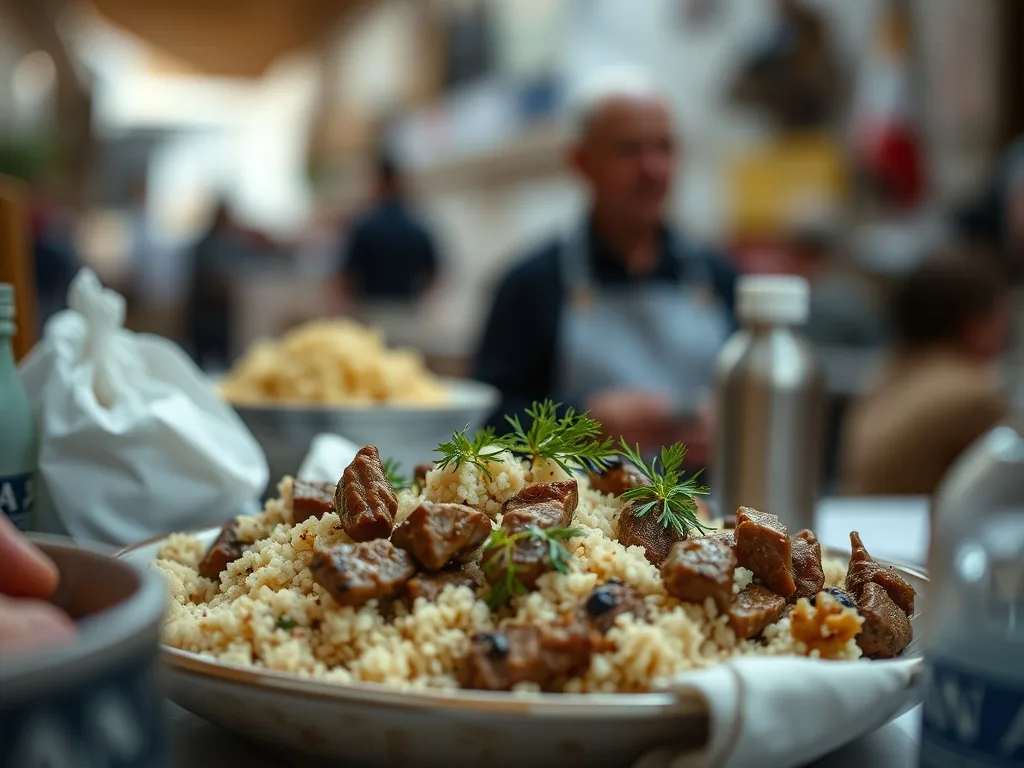 Plat de couscous avec semoule aérée, morceaux de boeuf et d'agneau, carottes, courgettes et pois chiches, arrosé de bouillon