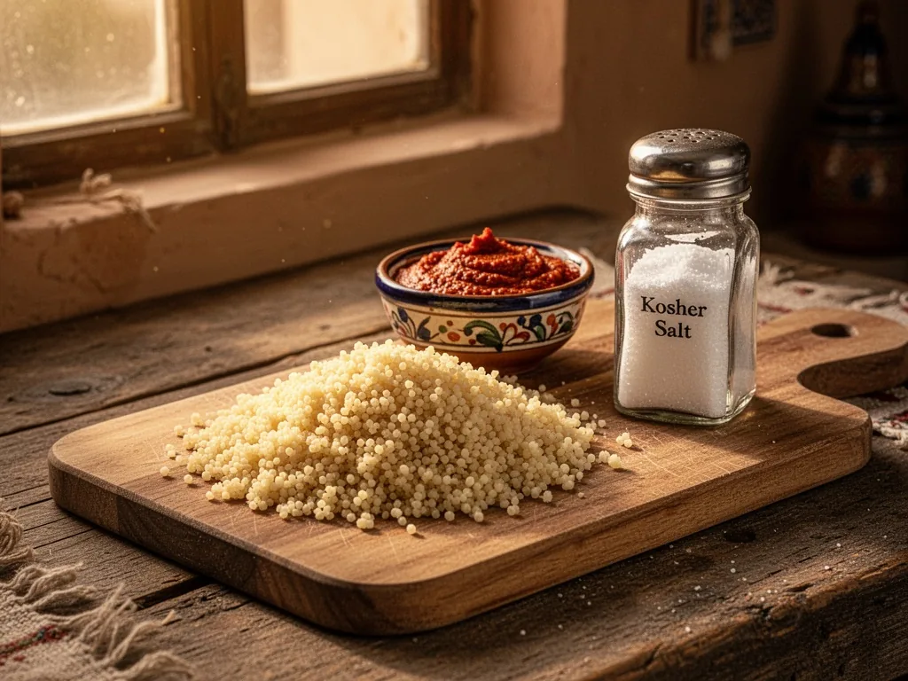 A wooden cutting board holding fluffy couscous grains, a small ceramic bowl of red harissa, and a glass kosher salt shak