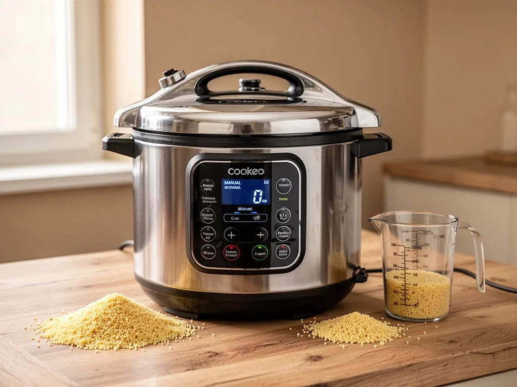 A stainless steel Cookeo pressure cooker on a wooden countertop, its digital display showing manual mode and 0 minutes, 