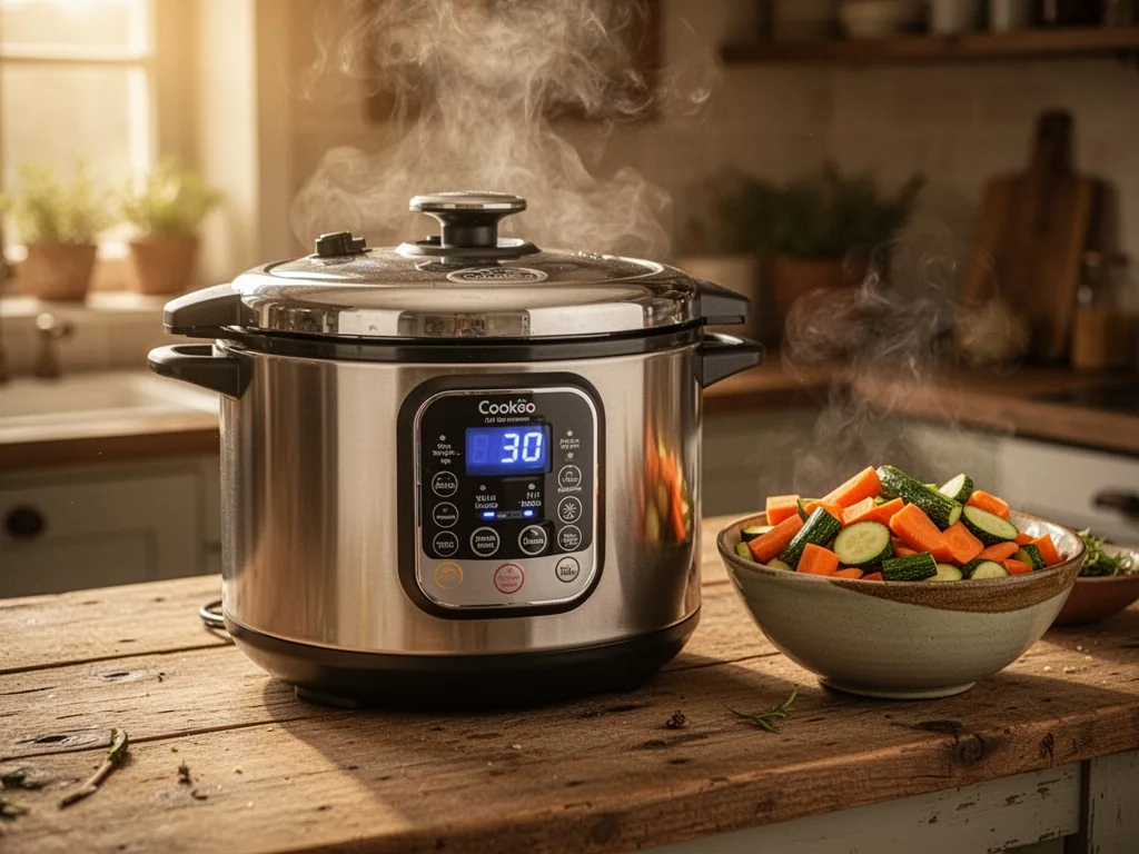 A stainless steel Cookeo pressure cooker with a digital timer showing 30 minutes, on a wooden kitchen counter, a bowl of
