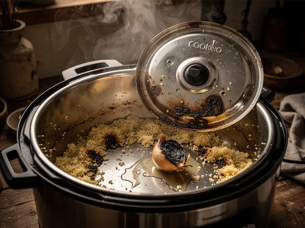 A Cookeo pressure cooker lid removed, burnt couscous grains stuck to the bottom, a charred onion piece, a puddle of exce