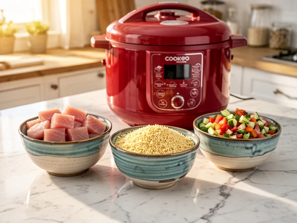 Three ceramic bowls on a marble countertop: raw fish cubes, couscous grains, and chopped vegetables, a red Cookeo pressu