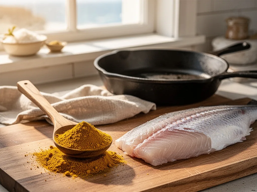 A wooden spoon holding a mound of golden turmeric and cumin spice blend beside a raw white fish fillet, cast-iron skille