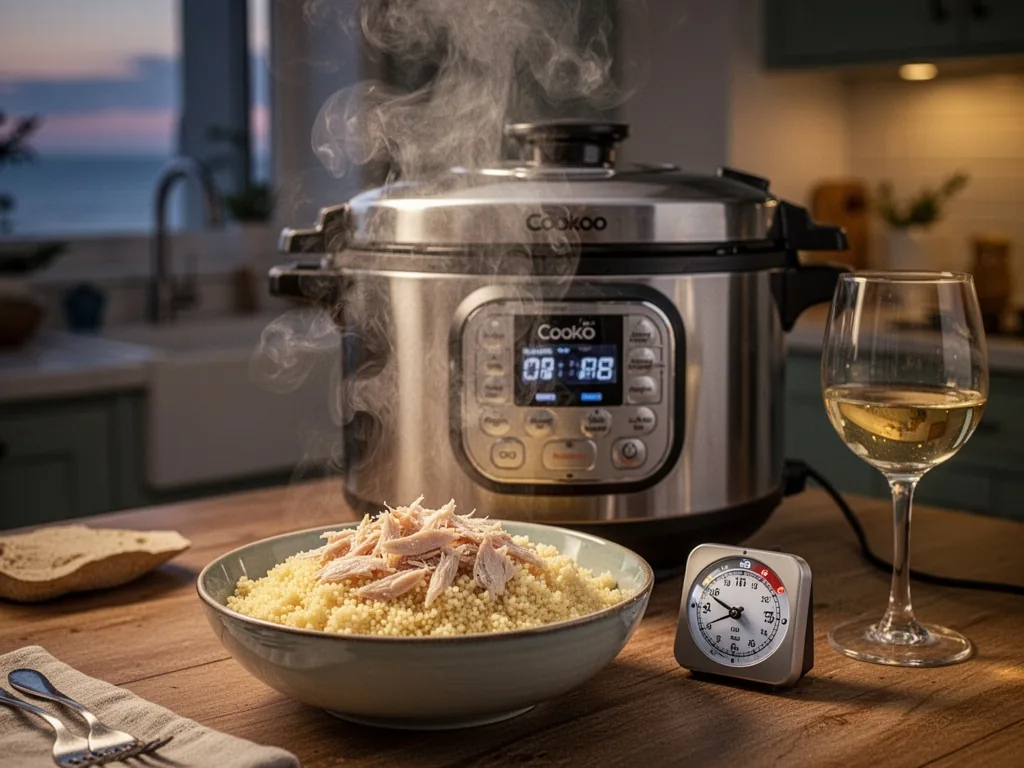 A stainless steel Cookeo releasing a puff of steam over a bowl of couscous with flaked fish, a small timer and wine glas