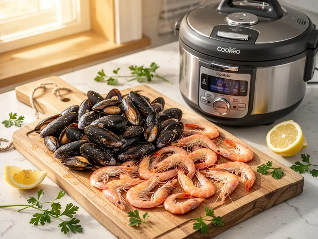 A heap of fresh mussels and peeled shrimp on a cutting board next to an open Cookeo lid, lemon wedges and parsley scatte