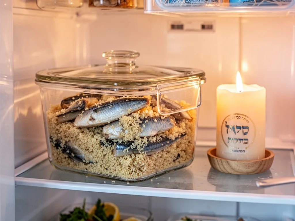 A glass lidded storage container filled with couscous and fish pieces, placed on a refrigerator shelf beside a Shabbat c