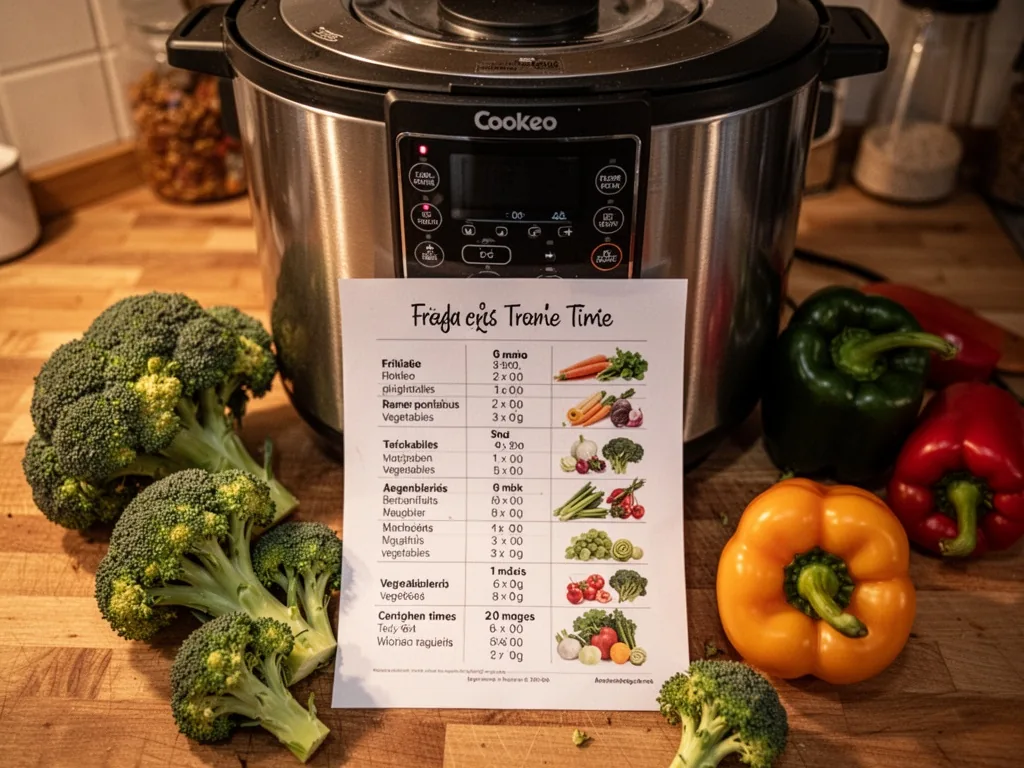 A printed cooking time chart for vegetables placed on a stainless steel Cookeo, fresh broccoli and bell peppers scattere
