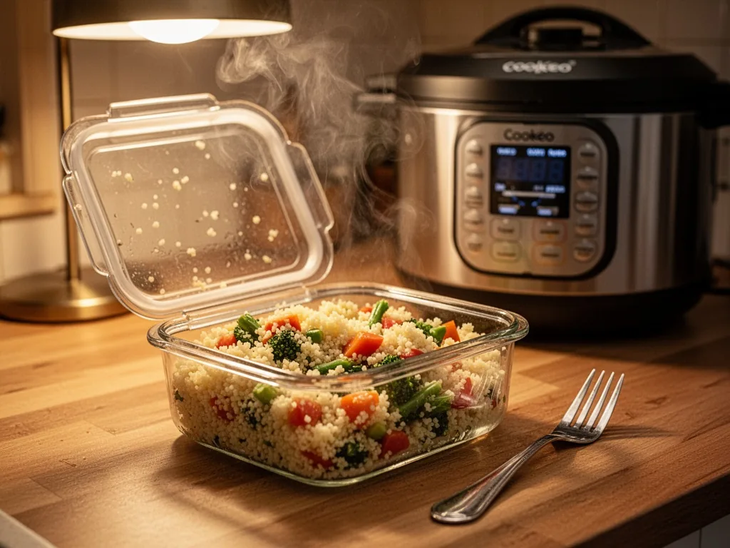 A glass meal-prep container with leftover couscous and vegetables, steam rising from the open lid, a silver fork beside 