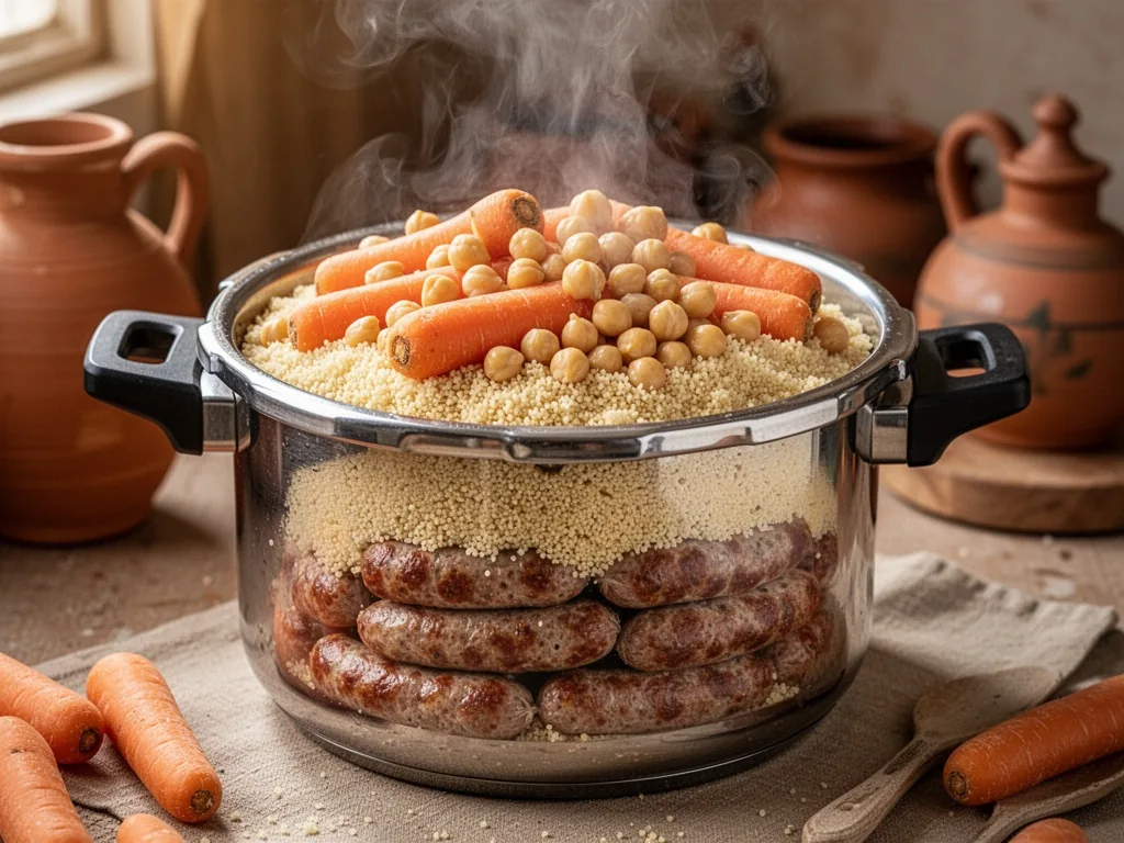 A pressure cooker pot with merguez sausages at the bottom, coarse semolina layered above, whole carrots and chickpeas on