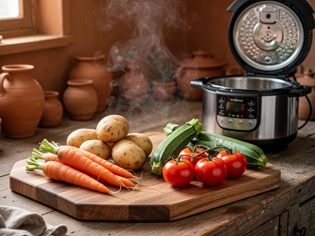 A wooden cutting board with firm carrots and potatoes on one side, soft zucchini and tomatoes on the other, an open pres