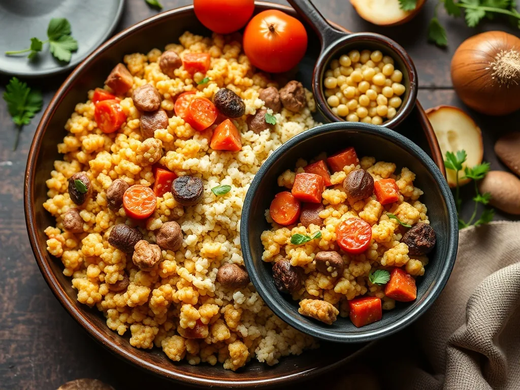 Plat de couscous avec merguez, pilons de poulet, légumes et semoule, sortant d'un Cookeo