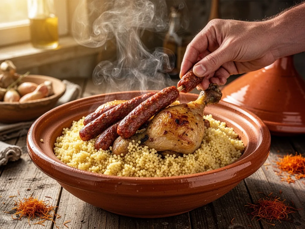 A hand gently placing merguez sausages and a roasted chicken leg on a mound of pearl couscous in a rustic ceramic tagine