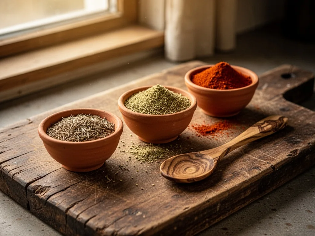 Three small terracotta bowls with cumin, coriander, and paprika spices arranged in a line on an aged wooden cutting boar
