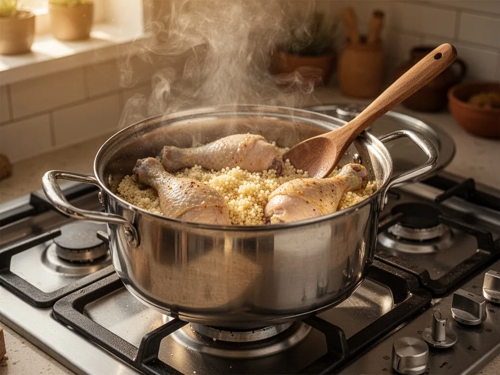 A stainless steel pot on a gas stove, steam rising, chicken drumsticks and couscous grains inside, a wooden spoon restin