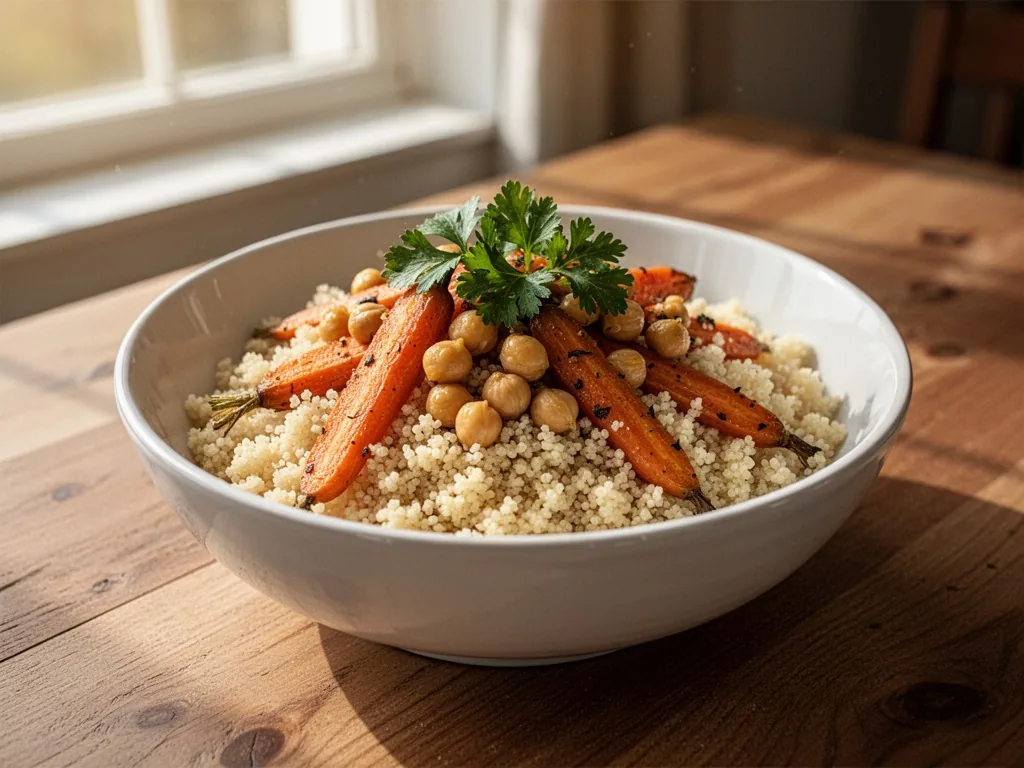 A white ceramic bowl of fluffy couscous topped with roasted carrots, chickpeas, and fresh parsley, on a wooden table, na