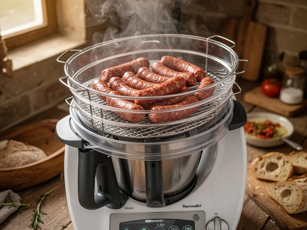 Merguez sausages arranged in a Varoma steamer basket, steam rising softly, set atop a Thermomix bowl, warm kitchen light