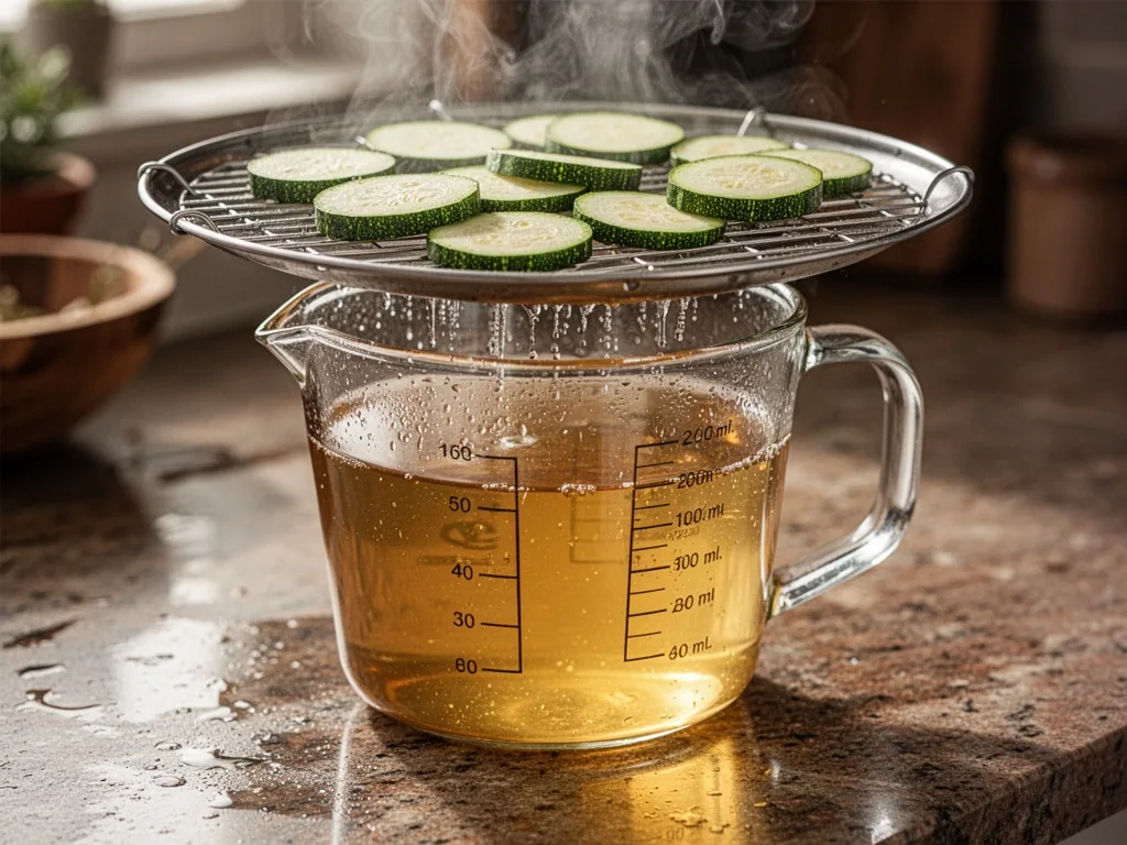 Clear golden broth in a glass measuring cup, courgette slices on a steamer tray above, steam condensing, countertop refl