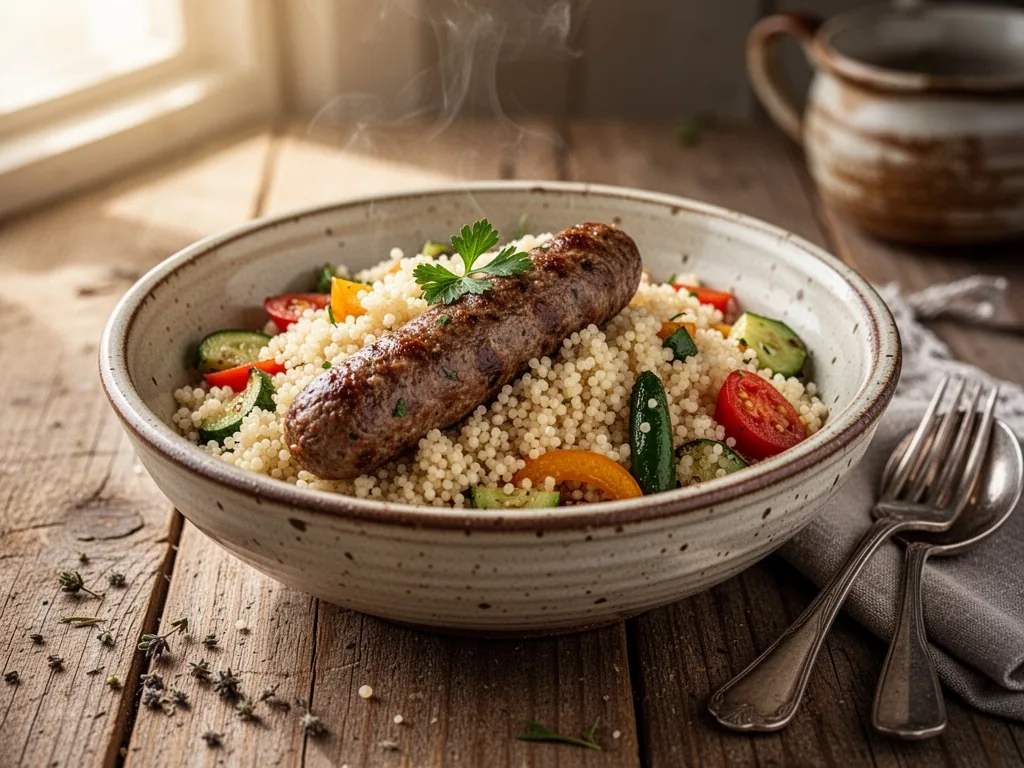 A rustic ceramic bowl filled with fluffy couscous, merguez and vegetables artfully placed, wooden table, soft sunlight